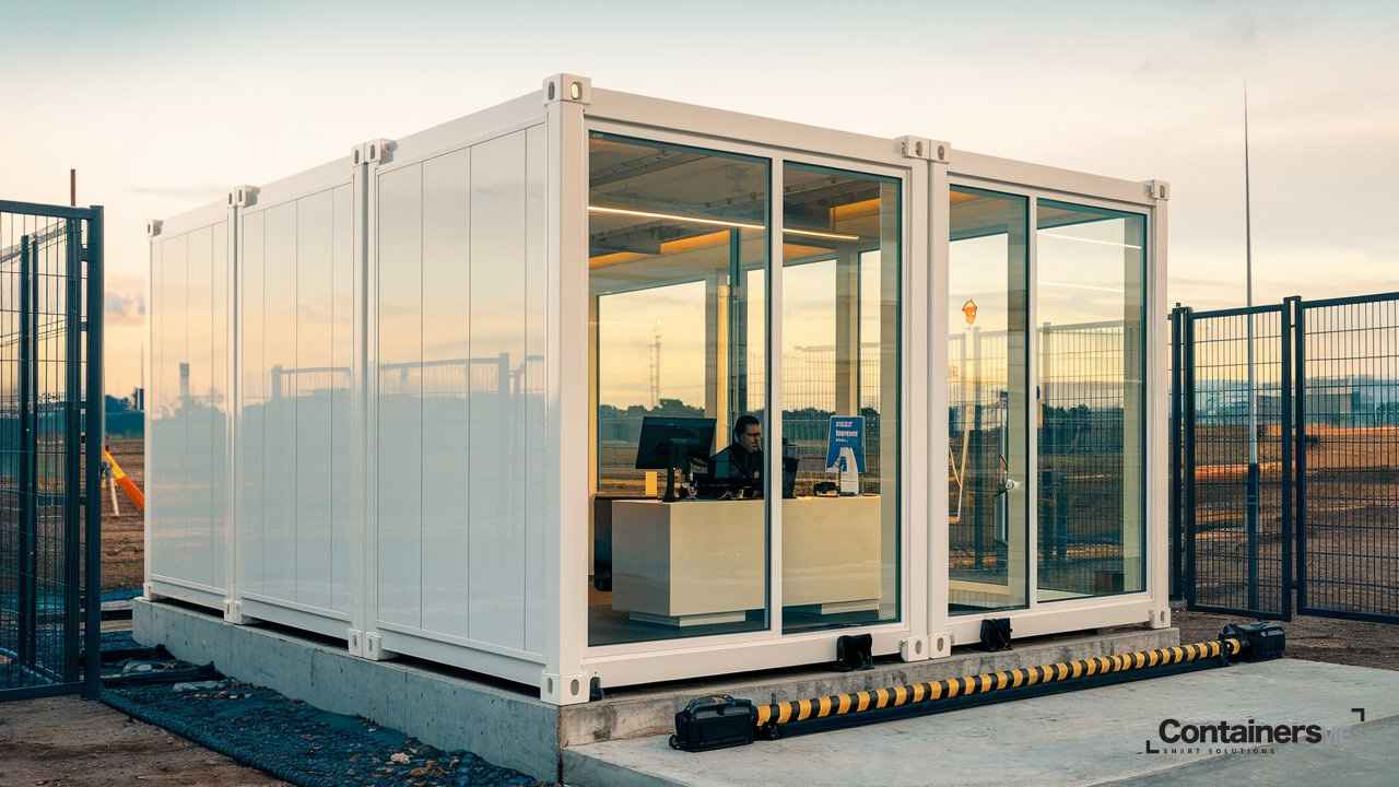 white colour security cabin made using white colour modular mobile container with glass window and door