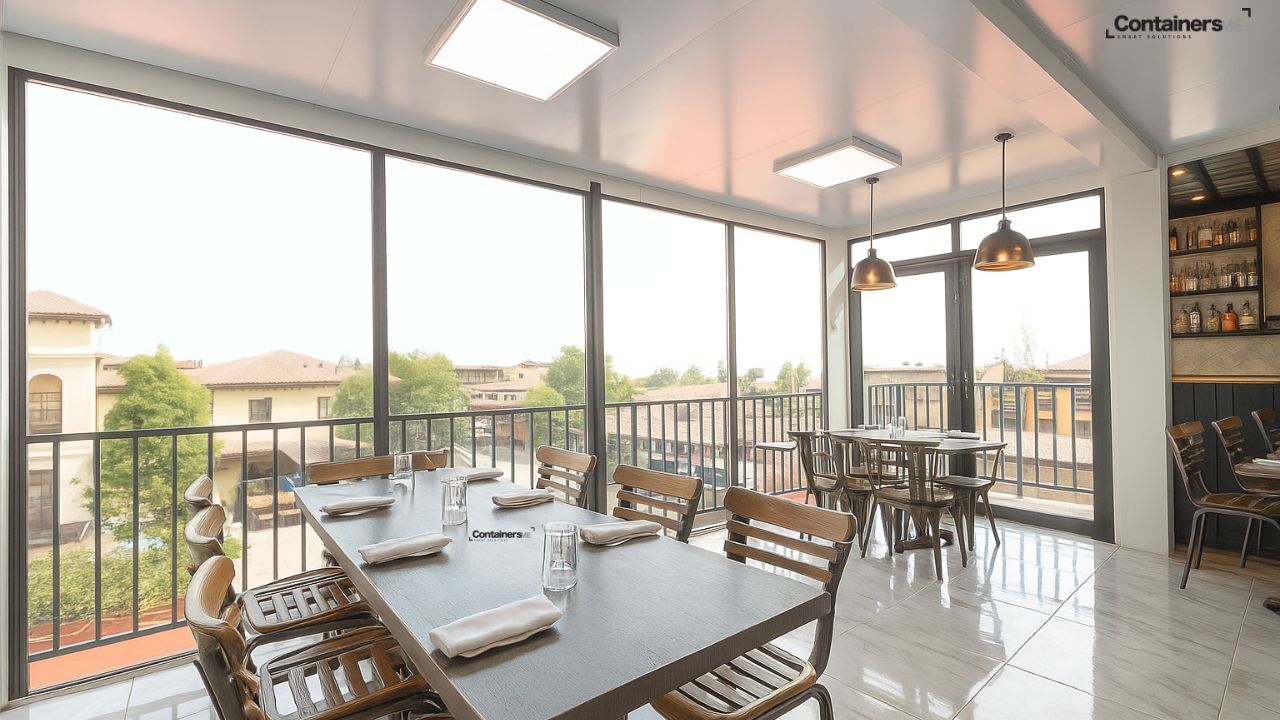 interiour of a container restaurant made using modular mobile container